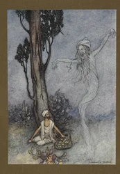 Placa 26: "Agora barbeiro, eu vou te destruir. quem vai te proteger?", de Folk-Tales of Bengal... Com 32 ilustrações em cores de Warwick Goble (Edition de luxe.)