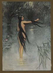 Placa 29: "Quando ela saiu da água, que mudança se viu nela!", de Folk-Tales of Bengal ... Com 32 ilustrações a cores de Warwick Goble (Edition de luxe.). 1914