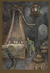 Placa 3: "Ele saiu a correr do seu esconderijo e matou a serpente", de Folk-Tales of Bengal ... Com 32 ilustrações a cores, de Warwick Goble. (Edição de luxe)