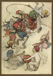 Placa 4: "Em vez de doces, cerca de vinte demônios." Folk-Tales of Bengal... Com 32 ilustrações a cores de Warwick Goble. (Edição de luxo.)