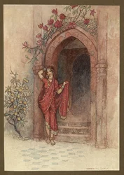 Placa 5: "À porta da qual estava uma senhora de rara beleza", de Folk-Tales of Bengal ... Com 32 ilustrações em cores de Warwick Goble. (Edição de luxo)