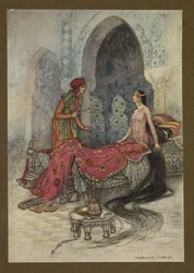 Prato 6: "Num instante ela acordou, sentou-se na sua cama, e de olho no estranho, perguntou quem ele era", do Folk-Tales of Bengala ... Com 32 ilustrações a cores, de Warwick Goble. (Edition de luxe.). 1914