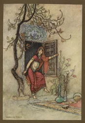 Placa 7: "A Garota da Muralha-Amirah." Contos Folclóricos de Bengala... Com 32 ilustrações coloridas de Warwick Goble (Edition de luxe)