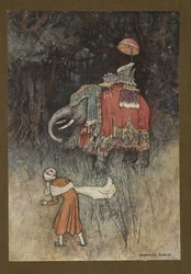 Placa 8: "De repente, um elefante maravilhosamente adornado em seu caminho", de Folk-Tales of Bengal ... Com 32 ilustrações em cores de Warwick Goble (Edition de luxe)