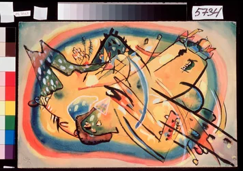 Composition, Paysage (Composition, Landscape) - Representação colorida e não representativa, onde aparecem edifícios e montanhas - Obra de Wassily Kandinsky (ou Wassily Kandinski ou Kandinskij