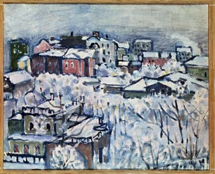 Dia de Inverno. Smolensky Boulevard (Moscovo). (Dia de Inverno. Smolensky Boulevard). Paisagem urbana, coberta de neve. Pintura de Vassily Kandinsky (ou Wassily Kandinski ou Kandinskij)