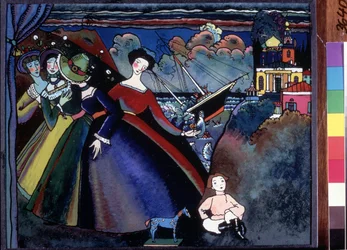 "O Navio" As jovens no cais, ao longe, um navio parece estar a afundar-se. Pintura de Vassily Kandinsky (ou Wassily Kandinski ou Kandinskij)