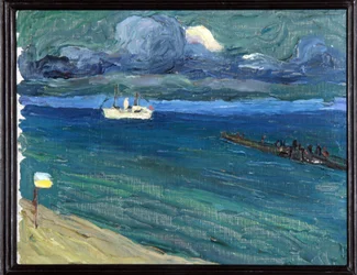 Rapallo (Itália). Paisagem com um barco a vapor (Rapallo. Paisagem com um barco a vapor). Pintura de Vassily Kandinsky (ou Wassily Kandinski ou Kandinskij)