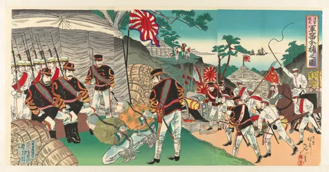 Tropas japonesas capturam armas deixadas para trás ao fugirem do inimigo
Shingun haisô gunki bundori no zu (título sobre o objecto)