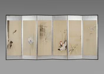Par de telas dobráveis: Flores dos Doze Meses, c.1900 (tinta e cor no papel)