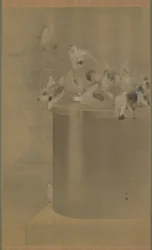 Pombos em Senjoji (Templo de Asakusa Kannon) Era Meiji, 1877 (tinta e cor em seda)