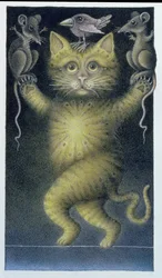 Gato na corda bamba, equilibrando-se com pássaro e ratos (lápis e lápis de cor sobre papel)