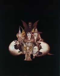 Personagens de outros mundos que emergem do ovo ou O nascimento do país das fadas (lápis e lápis de cor sobre papel)