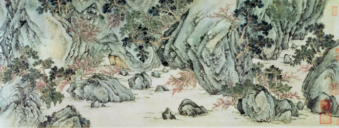 A viagem para a "Terra dos imortais", detalhe de "A primavera das flores de pessegueiro", de um poema intitulado "Tao Yuan Bi Jing", de Wang Wei