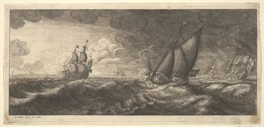 Um iate e três navios de guerra em uma tempestade, 1665.