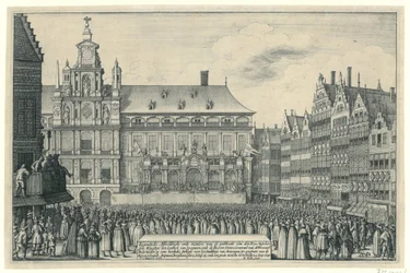 Proclamação da Paz de Munster em Antuérpia, 1648
Eygentlycke Afbeeldinghe ende maniere van de publicatie van den Peys, tusschen syne Mayesteyt den Coninck van Spagnien, en de Heeren Staten Generael van de Vereenich[de] Nederlanden op eene heerlyc