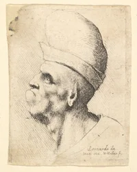 Busto de um homem deformado usando um chapéu bulboso de perfil à esquerda, 1625-77.