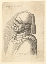 Busto de um homem deformado com um chapéu e um lábio inferior saliente de perfil para a esquerda, 1625-77.