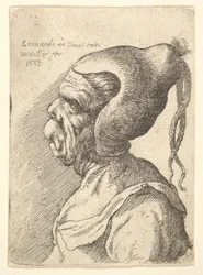 Busto de uma mulher deformada com chapéu cônico e duas tranças penduradas no perfil para a esquerda, 1665.