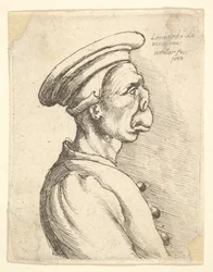 Busto de homem com nariz achatado e boca saliente, vestindo boné plano e casaco abotoado em ..., 1660.
