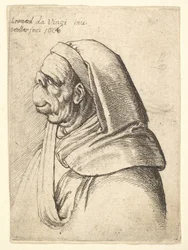 Busto de homem com nariz pequeno e virado para cima e lábio superior muito alto, com capuz, em perfil ..., 1666.