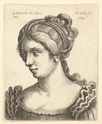 Busto de uma mulher olhando para baixo, à esquerda, com cabelos elaboradamente decorados, 1648.