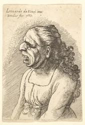 Busto de mulher com a boca aberta e longos cabelos encaracolados caindo sobre os ombros, vestindo ..., 1665.