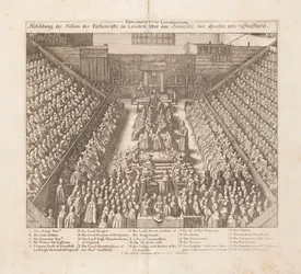 Representação da sessão do Parlamento de Londres da sentença do Conde de Stafford, ca 1642.