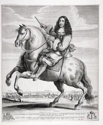 Retrato equestre de Carlos II (1630-85) com uma paisagem, publicado c.1670