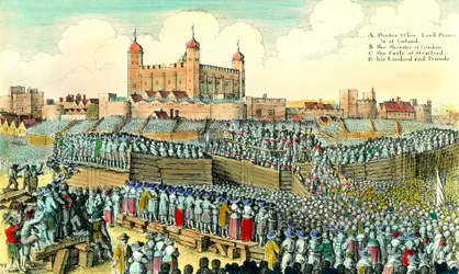 Primeira Revolução Inglesa (1641-1649): execução do político inglês Thomas Wentworth de Strafford (1593-1641) em 12/05/1641 na Tower Hill em Londres. Gravura de Wenceslaus Hollar (1607-1677) Coleção Privada do século XVII