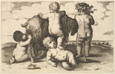 Quatro meninos, um jovem sátiro e uma cópia de cabra, do século XVII.