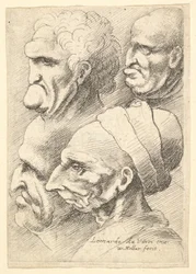 Quatro cabeças grotescas no perfil para a esquerda, 1625-77.