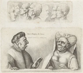 Friso com cabeças de estudo / Caricaturas do rei e da rainha da Tunísia
Rex et Regina de Tunis (título sobre o objecto)
Variie figurae et probae (título da série)
Caricaturas, cabeças e deformidades após Leonardo da Vinci (título da série)