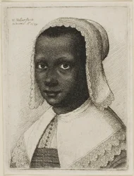 Cabeça de uma mulher negra com um chapéu de lenço de renda