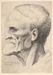 Cabeça de um homem velho com um queixo pronunciado, cabelos curtos cortados e boca aberta mostrando ..., 1625-77.