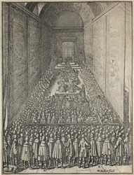Interior da Câmara dos Lordes em sessão, Palácio de Westminster, Londres, c1650