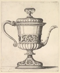 Jarro com tampa, gravado com padrão de arabesco, o bico estreito para a direita terminando em serpente ..., 1625-77.
