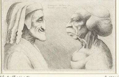 Caricatura deformada das cabeças de um homem com chapéu(Dante?) e de uma mulher
Variie figurae et probae (título da série)
Caricaturas, cabeças e deformidades após Leonardo da Vinci (título da série)