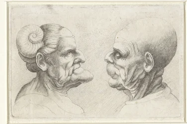 Cabeças deformadas de um homem e uma mulher carecas com chifres na cabeça
Variie figurae et probae (título da série)
Caricaturas, cabeças e deformidades após Leonardo da Vinci (título da série)