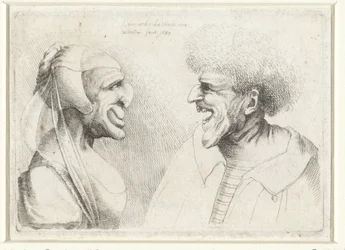 Cabeças deformadas de um homem e uma mulher sorridentes com um boné na cabeça Varie figurae et probae (título da série) Caricaturas, cabeças e deformidades após Leonardo da Vinci (título da série)