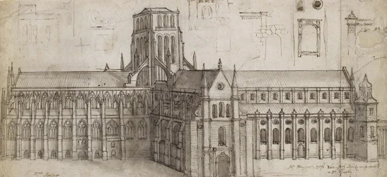 Antiga Catedral de São Paulo a partir do nordeste (Caneta e tinta marrom e cinza sobre grafite, incisão e esfregados para transferência)