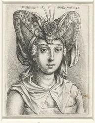 Retrato de mulher com bourrelet em forma de V na cabeça
