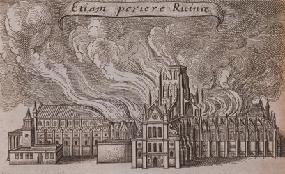 Catedral de São Paulo antiga, Londres, em chamas, 1666