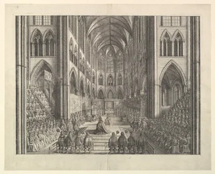 A coroação do rei Carlos II na Abadia de Westminster, 23 de abril de 1661 (de "The Entertainment of...Charles II", de John Ogilby, Londres, 1662)