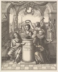The Royal Society, frontispício de Thomas Sprat, The History of the Royal Society of Lond ..., 1667.