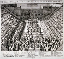 The Trial of Thomas Wentworth, Earl of Strafford, Westminster Hall, Londres, 1641.            