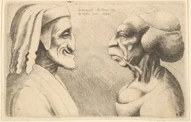 Duas cabeças deformadas, a figura à esquerda é possivelmente uma caricatura de Dante, 1645.