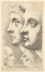 Dois jovens de perfil para a esquerda, com duas cabeças grotescas de frente para o outro, 1625-77.