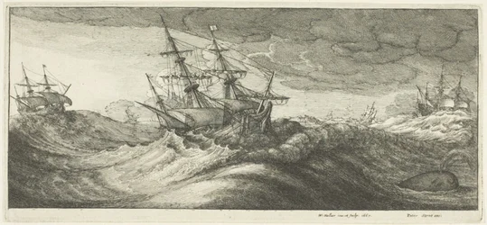 Navios de guerra e uma baleia jorrando