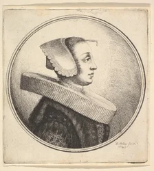 Mulher com babados circulares, gorro e grampo de cabelo, de perfil para a direita, 1645.